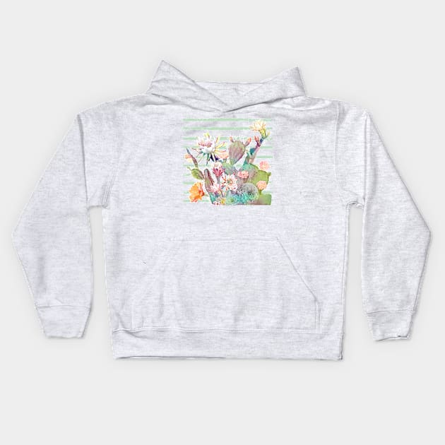 Watercolor cactus, floral and stripes design Kids Hoodie by InovArtS